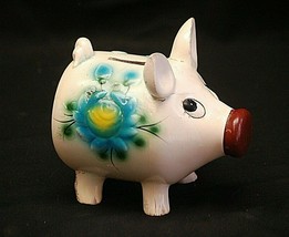Old Vintage 1950&#39;s Pig Piggy Coin Bank Art Pottery Blue &amp; Yellow Floral Designs - £23.60 GBP