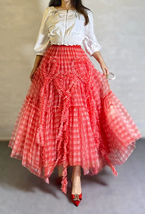 Red Plaid Ruffle Tulle Skirt Women Custom Plus Size A Line Long Tulle Skirt image 2