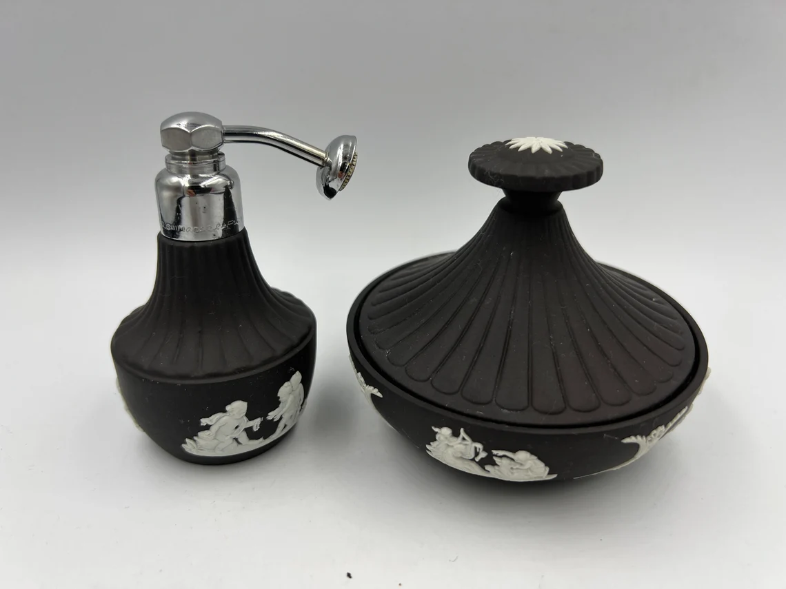 Rare Wedgwood Black Jasperware Atomizer Perfume Marcel Franck Hardware and uniqu - £151.83 GBP