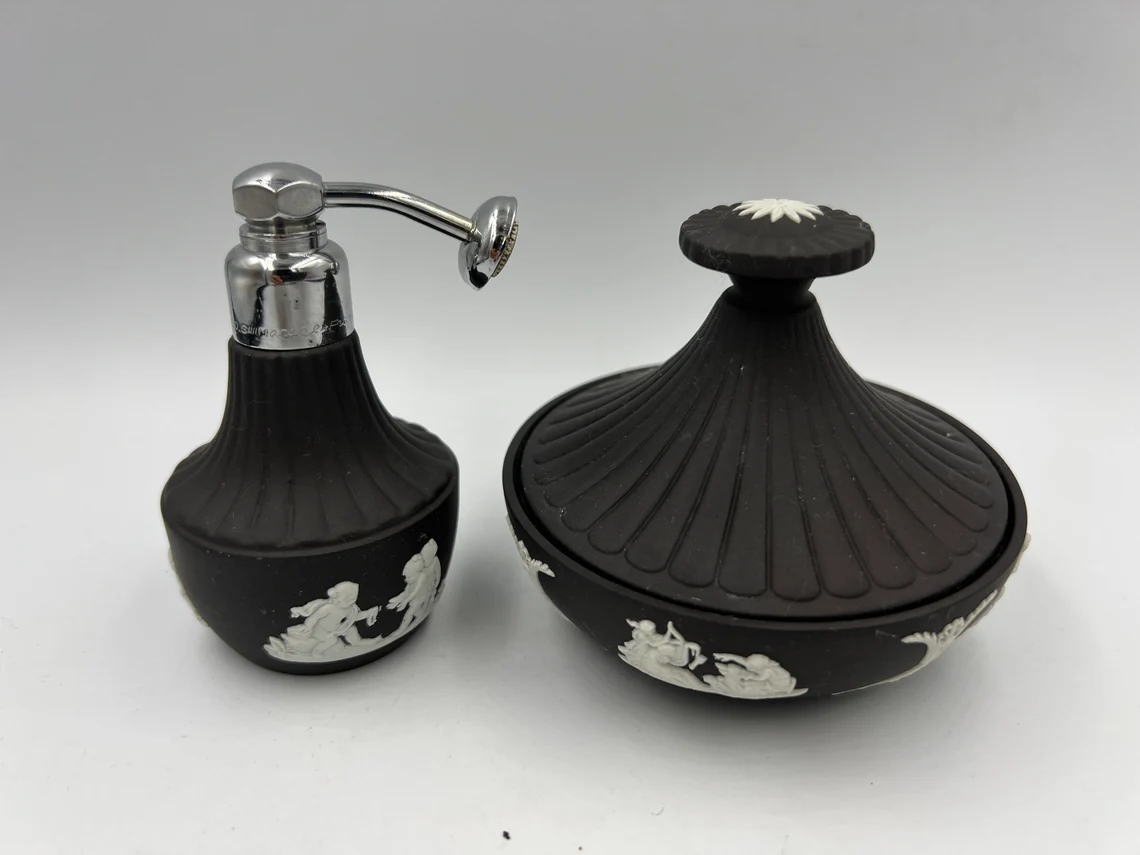 Rare Wedgwood Black Jasperware Atomizer Perfume Marcel Franck Hardware a... - £151.64 GBP