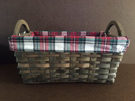 NEW Red Green Black White Plaid Fabric-Lined Woven Wood Basket w/ Handles - $36.00