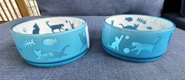 2 Blue Acrylic No Skid Kitty Cat Food Water Dishes Bowls Fish Bone NEW Yarn - £23.58 GBP