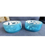 2 Blue Acrylic No Skid Kitty Cat Food Water Dishes Bowls Fish Bone NEW Yarn - £23.44 GBP