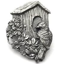 Signed BIRD&#39;S &amp; BLOOM 1997 Birdhouse with Bird &amp; Flowers Pin Pewter - $12.95