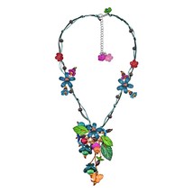 Beautiful Hanging Blue Floral Garden Genuine Leather &amp; Wood Necklace - £17.81 GBP