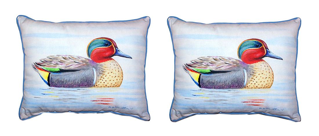 Primary image for Pair of Betsy Drake Green Wing Teal Duck Outdoor Pillows 16 Inch x 20 Inch