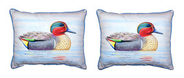 Pair of Betsy Drake Green Wing Teal Duck Outdoor Pillows 16 Inch x 20 Inch - £71.05 GBP