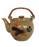 Vtg stoneware teapot wicker handle tan w/ multicolor abstract geometric ... - €21,91 EUR