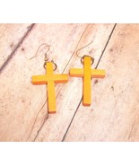 Earrings Pierced Drop Dangle Orange Wood Crosses 2&quot; Appx. on Fish Hooks - $93.28 MXN