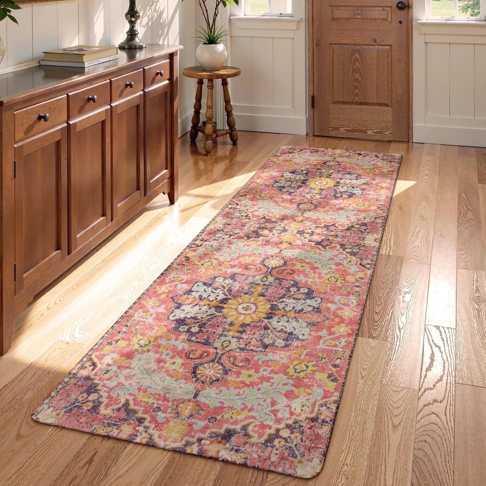 Vibrant 2x5 Fuchsia Kitchen and Laundry Runner Rug - Machine Washable Boho Style Item image 3