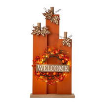 30”H LED Lighted Wooden Pumpkin Porch Sign w/Welcome Wreath Fall Decor - £99.11 GBP