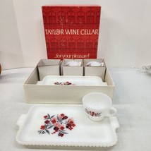 Vtg Fire King Milk Glass Snack Tray &amp; Cup 3 Sets Primrose 1960’s Red Pin... - $24.18