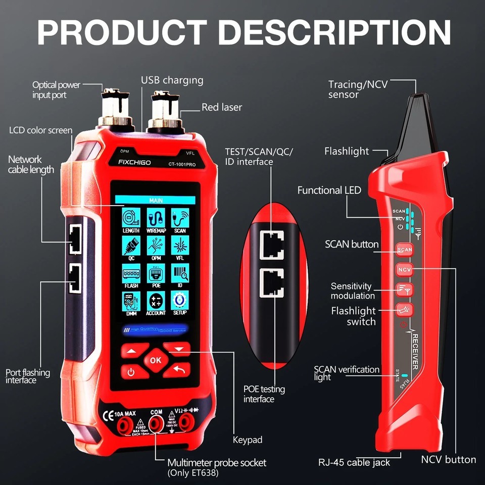New/Sealed FIXCHIGO MT0003-RD Red Multifunctional Network Cable Tester Item image 10