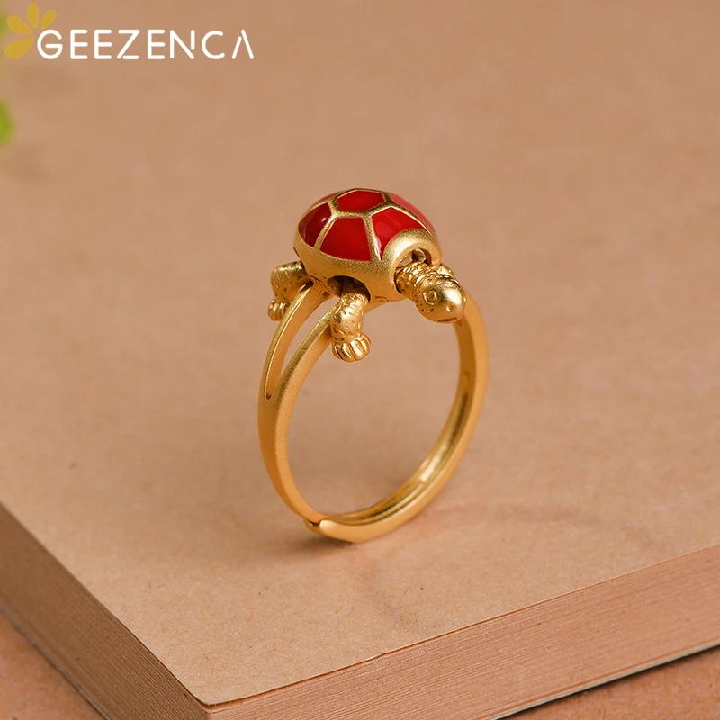 925 Sterling Silver Gold Plated Turtle Resizable Ring For Women Color Enamel Cut - £43.65 GBP