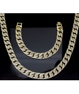 Mens Necklace Bracelet Set Iced CZ Cuban Curb Link Chain 14k Gold Plated... - £12.65 GBP+
