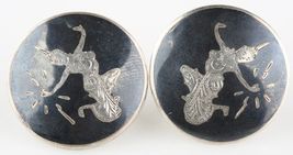 Vintage Sterling Silver Siamese Niello Etched Disk Earrings w/ Screw Backs - $111.67