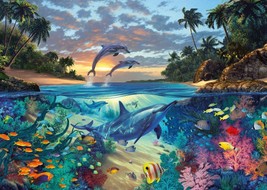 FRAMED CANVAS PRINT Wall Art Giclee dolphins coral sunset fish seascape tropical - £31.64 GBP+