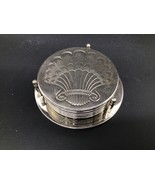 Engraved Silver Shell Fan Coaster Set of 6 w/ Holder 3.5” Vintage Look E... - $20.37 CAD