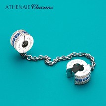925 Sterling Silver Shine CZ Bright Blue Starry Safety Chain Stopper Charms Fit  - £41.44 GBP