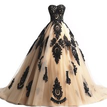 Long Champagne and Black Lace Gothic Wedding Dresses Corset Prom Evening... - $159.99