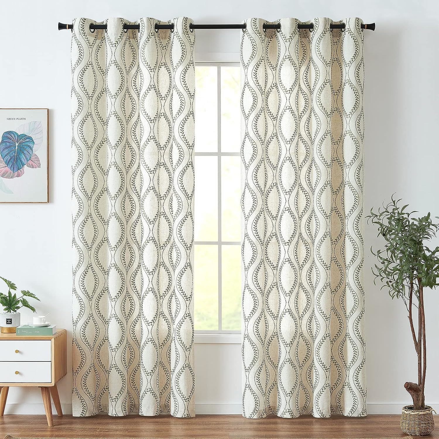 Ogee Geometry Drapes Light Filtering Grommet Country Curtain 2 Panels Green On - $56.94