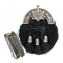 Scottish Kilt Black Rabbit Full Dress Sporran Antique Enamel Thistle Cantel - $2,413.16 MXN