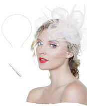 Kidukso Fascinators Hat Vintage 1925s Derby Mesh Veil Feathers White - $16.90 CAD