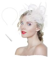 Kidukso Fascinators Hat Vintage 1925s Derby Mesh Veil Feathers White - $16.90 CAD