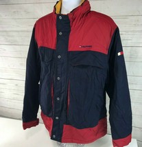 Tommy Hilfiger Fleece Lined Spellout Coat Red Colorblock Parka Vintage? XL - £37.58 GBP