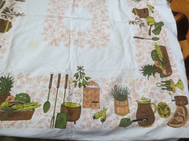 Vtg Printed Tablecloth Fruit  Vegetables Kitchen Items Utensils 45 x 50 - $20.00