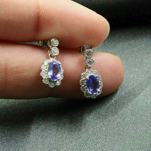 2.50Ct Oval Cut Blue Tanzanite Halo Drop &amp; Dangle Earrings 14K White Gold Finish - £131.97 GBP