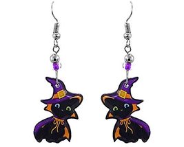 Black Cat Witch Halloween Themed Graphic Dangle Earrings - Womens Fashion Handma - £9.48 GBP