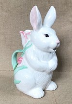 Whimsical White Bunny Rabbit And Tulips Ceramic Pitcher Kitsch Novelty - $19.80