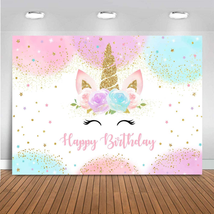 Rainbow Unicorn Backdrop Happy Birthday Party Decorations for Girls Watercolor F - £14.30 GBP