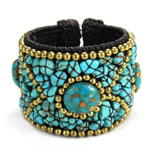 Boho Tribal Cotton Rope Blue Turquoise Stone Brass Wire Cuff Gemstone Bracelet - £13.69 GBP