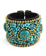 Boho Tribal Cotton Rope Blue Turquoise Stone Brass Wire Cuff Gemstone Br... - £13.89 GBP