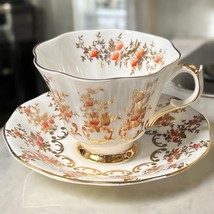 Vintage Queen Anne Cup &amp; Saucer Gold Orange Floral Scroll Set Bone China... - $15.00