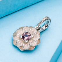 925 Sterling Silver Blooming Dahlia Charm Bead with Enamel and Pink Cz  - £11.78 GBP