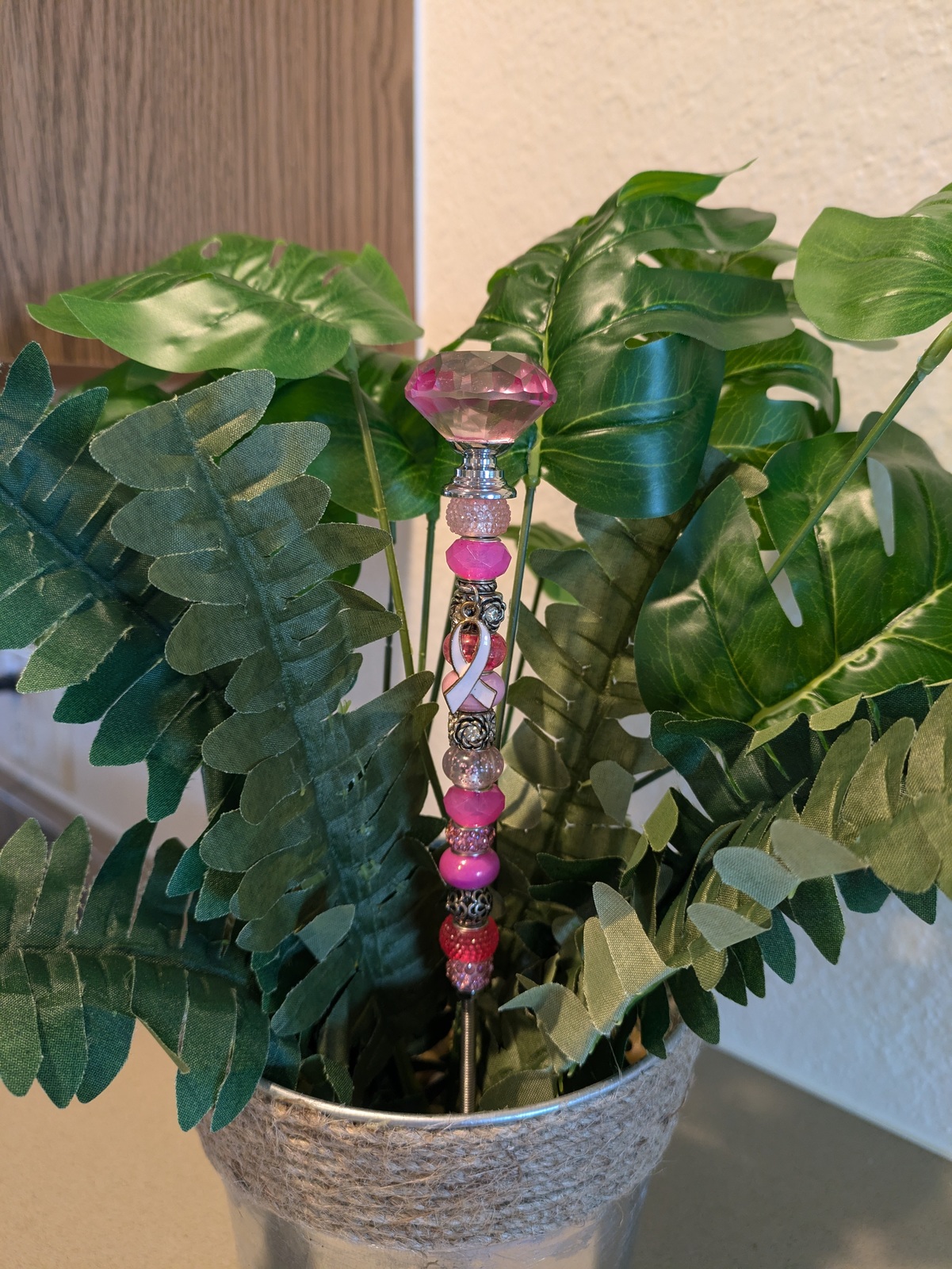 Breast Cancer Awareness Garden Stake with  Purple Beads &amp; Metal Charm  - $15.00