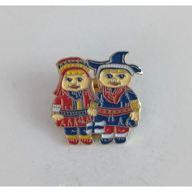 Vintage Finland Boy &amp; Girl Colorful Lapel Hat Pin - $8.42