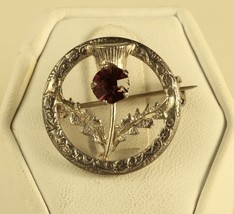 Vtg Signed Sterling Silver WBS Scottish Thistle Flower Amethyst Circle Brooch - £31.65 GBP