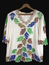 Beaded Top Size XL / 1X Vintage Evening Wear Shirt Blouse White Blue Copper Leaf - £67.01 GBP