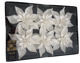 Rachel Roy Christmas Tree Clips White Poinsettia Flowers Set of 6 Holiday - £45.43 GBP