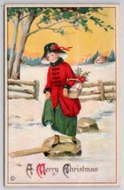 Christmas Greeting Girl Red Coat With Basket Crossing Frozen Stream Postcard C39 - £7.04 GBP
