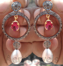 Victorian 1.80ct Rose Cut Diamond Tourmaline Pearl Wedding Earrings FINE... - $668.97