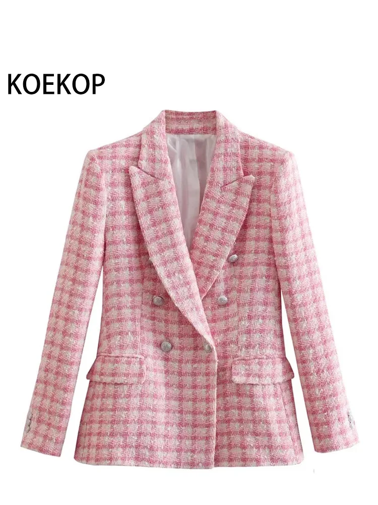 LYWM Women  Outwears Plaid Pink Tweed Blazer Jacket Double Button Notched Neck V - £151.37 GBP