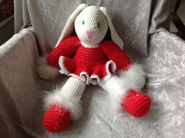 Hand Crochted Big Red and White Bunny Rabbit Plush Toy with Feather - $25.13