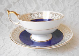 Vintage Aynsley Teacup &amp; Saucer Set Cobalt Blue on White with Gold Scrolls - £18.19 GBP