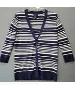 Gap Women Cardigan Size M Blue Preppy Stripe Classic Button Up 3/4 Sleev... - $12.60