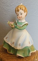 Vintage Girl Figurine Lefton KW 340A Green Dress Strawberry Apron Bouquet 4.5&quot; - £11.85 GBP